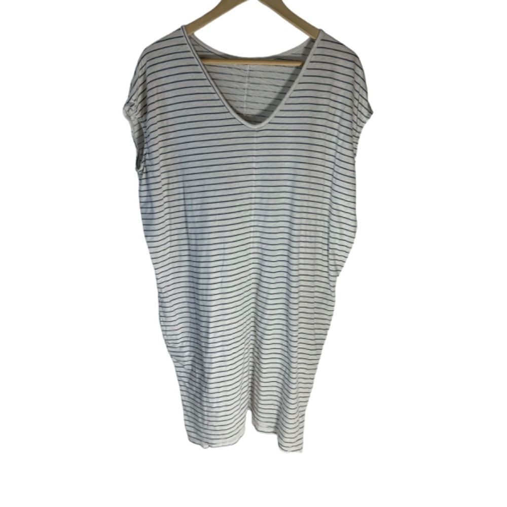 Anthro Sundry White/Blue Cotton Blend Cap Sleeve Striped‎ Shift Dress Sz L